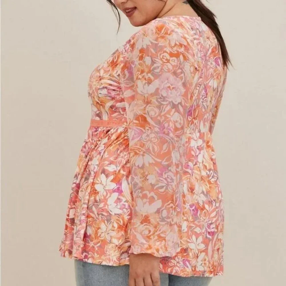Torrid Babydoll Floral Top Coral | V-Neck Sheer Balloon Sleeve | Plus Size 2/2X - Picture 2 of 11